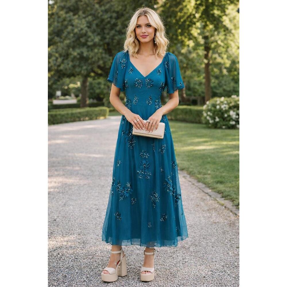 Adrianna Papell Teal Beaded V-Neck Midi Dress - Picture 1 of 5